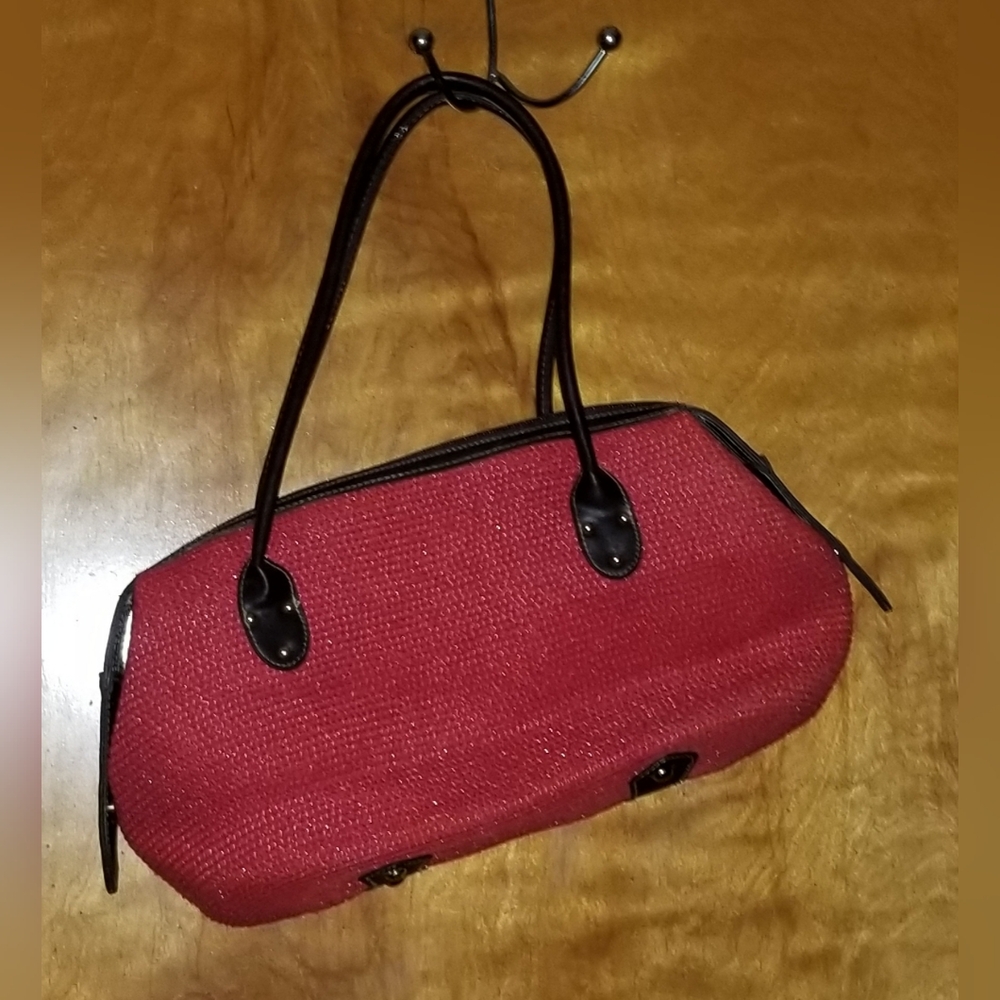 Unused Women's Red Crochet Shoulder Bag With Black Faux Leather Trim/Handles